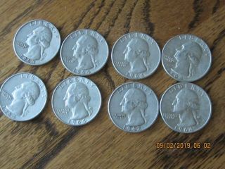 8 Washington Quarters - 1962,  1963,  1964 - 90 Silver Us Coins Free/sh