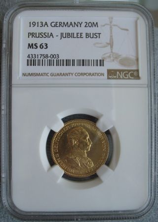 German Prussia 1913 - A Gold 20 Mark Ngc Ms - 63 Jubilee Bust