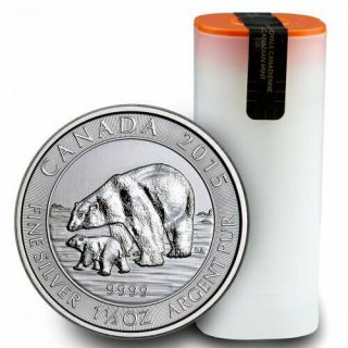 2015 1.  5 Oz Canadian Silver Polar Bear And Cub $8 Coin,  Full Tube