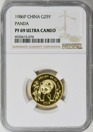 China 1986p 25 Yuan Gold Panda - 1/4 Oz - Ngc Pf 69 Ultra Cameo -