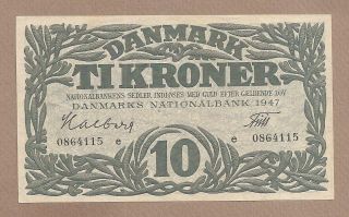 Denmark: 10 Kroner Banknote,  (unc),  P - 37e,  1947,