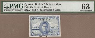 Cyprus: 3 Piastres Banknote,  (unc Pmg63),  P - 28a,  18.  06.  1943,