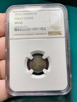 1910 Canada Five Cents Holly Leaves Ngc Ms63