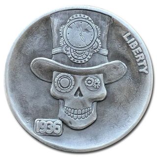 Hobo Nickel Coin 1936 Buffalo " Mr Time Skull " Hand Engraved By Gediminas Palsis