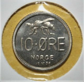 Norway 10 Ore 1958 Brilliant Uncirculated Coin - Honey Bee