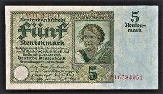 Vad - Germany - 5 Rentenmark Banknote - P 169 (cv=100)