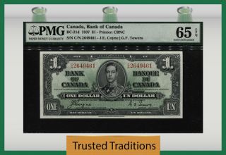 Tt Pk Bc - 21d 1937 Canada Bank Of Canada $1 " King George Vi " Pmg 65 Epq Gem Unc