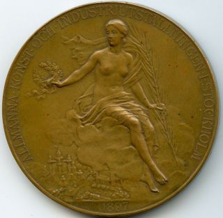 Sweden Art Nouveau Medal Industry & Craft Exhibition In Stockholm 1897 61mm 100g