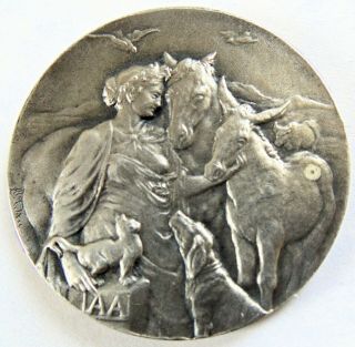 Ant.  French Silvered Animal Protection Medal Horse Donkey Cat Dog Cow