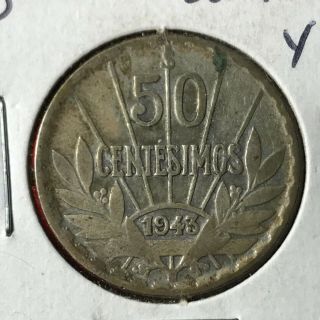 1943 Uruguay Silver 50 Centesimos Coin