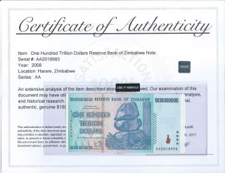 Zimbabwe Zim 100 Trillion Dollar Bill Banknote Note 2008 Aa Unc Authenticity