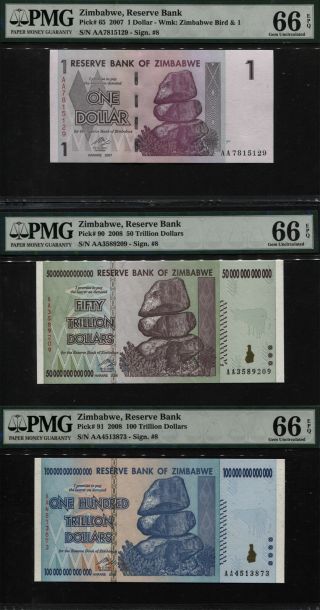 Tt Pk 65/90/91 2007 - 08 Zimbabwe 1 Dollar,  $50 & $100 Trillion Pmg 66q Set Of 3