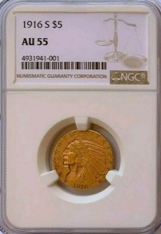 1916 - S $5 Gold Indian Eagle Ngc Au55 $5.  00 1/4 Oz Coin