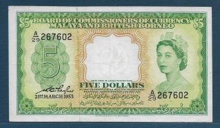 Malaya And British Borneo 5 Dollar,  1953,  P 2,  Vf,
