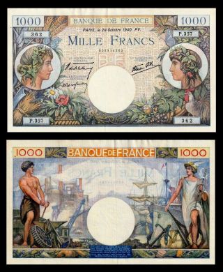 France 1000 Francs Commerce Et Industrie 1940 Aunc Rare / (no Pinhole)