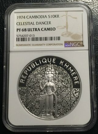 Cambodia 10000 Riels 1974 Silver Ngc Pf68uc Celestial Dancer