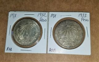 1932 & 33 Mexico Silver Cap & Rays Un Peso A4a/b No Taxes