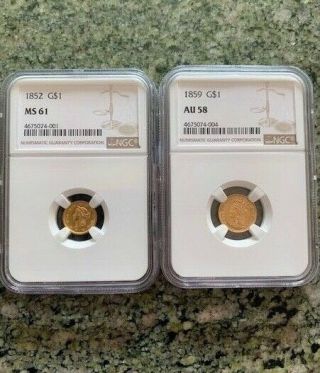 1852/1859 $1 Gold Dollar Ngc Ms61/au58 2 Coins