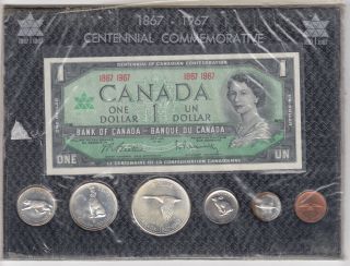 1967 Canada Centennial Set Of Coins & Dollar Banknote On Cardboard Display Board