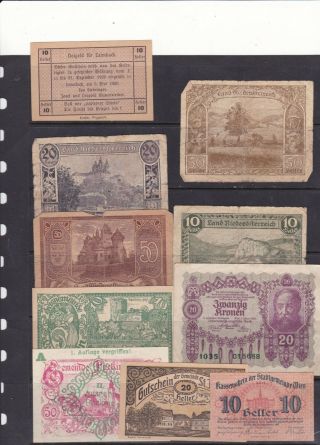 Austria Notgeld 1918 - 21 Paper Money 10 Different Various Conditions Pack 4