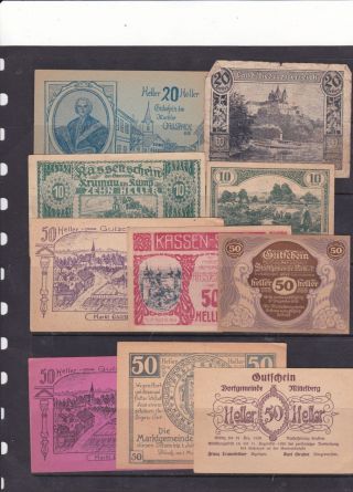 Austria Notgeld 1918 - 21 Paper Money 10 Different Various Conditions Pack 3