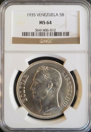 1935 Ms 64 5 Bolivares - Fuerte - Gram 25 Venezuela Silver Coin Graded Ngc