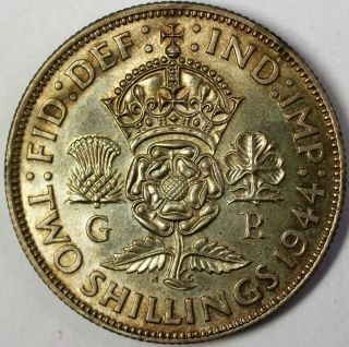 1944 United Kingdom Two Shillings Silver Au World War Two Coin