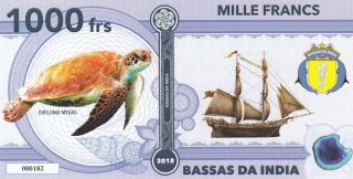 BASSAS DA INDIA (French) Set 4 unusual/fantasy notes 1000 2000 5000 10000 2018 3