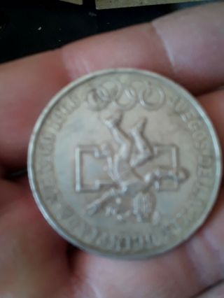 Mexico XIX Olympics 1968 Mo.  25 Pesos Silver Coin.  KM 479.  1 2