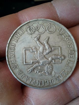 Mexico XIX Olympics 1968 Mo.  25 Pesos Silver Coin.  KM 479.  1 3