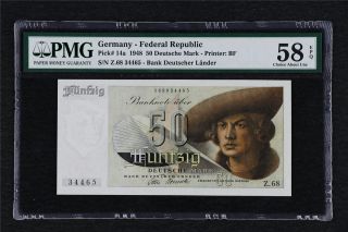 1948 Germany Federal Republic 50 Deutsche Mark Pick 14a Pmg 58 Epq Choice Unc