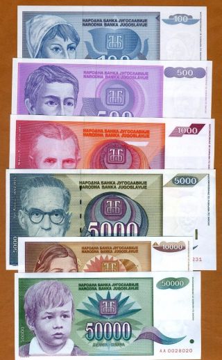 Set (6 Notes) Yugoslavia,  100 - 50,  000 Dinara,  1992,  P - 112 - 113 - 114 - 115 - 116 - 117 Unc