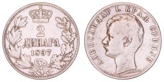 Ga.  205} Serbia 2 Dinara 1897 / Silver / Vf