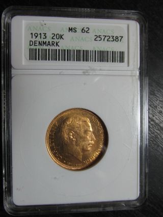 1913 Denmark (h) Vbp,  Ah Gold 20 Kroner Graded Ms62 By Anacs