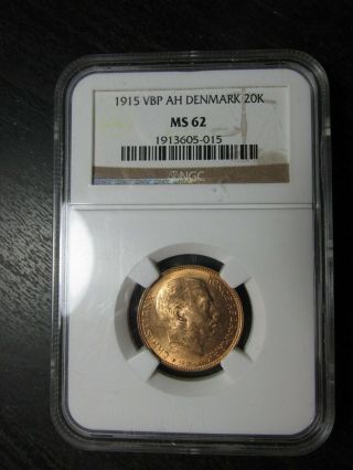 1915 Denmark (h) Vbp,  Ah Gold 20 Kroner Graded Ms62 By Ngc