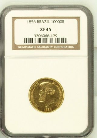 1856 Brazil 10,  000 Reis Ngc Xf45 Extra Fine 22ct Gold