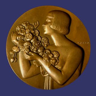 Bronze French Art Nouveau Medal,  Woman With Flowers By P.  Lenoir,  58 Mm