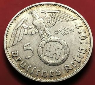 German Paul Von Hindenburg 5rm.  900 Silver 1937 G Big Swastika