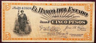 Scarce Regional Bank 5 Pesos 01.  10.  1900 State Bank Of Colombia Vf - Xf Pick S505