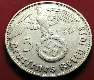 German Paul Von Hindenburg 5rm.  900 Silver 1938 Dd Double D Big Swastika