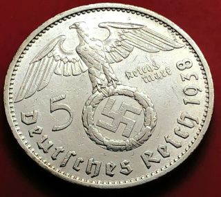 German Paul Von Hindenburg 5rm.  900 Silver 1938 A Big Swastika,