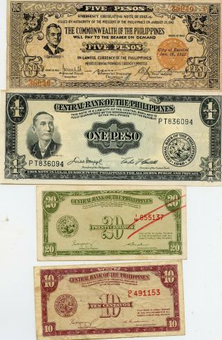 1942 Philippines 5 Peso,  1 Peso 20 &10 Cent Paper Money Notes.  Starts@ 2.  99