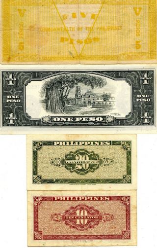 1942 PHILIPPINES 5 PESO,  1 PESO 20 &10 CENT PAPER MONEY NOTES.  STARTS@ 2.  99 2
