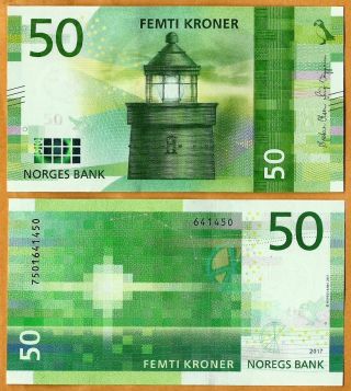 Norway 2017 Unc 50 Kroner Banknote Paper Money Bill P - 53 Utvær Lighthouse,  Solund