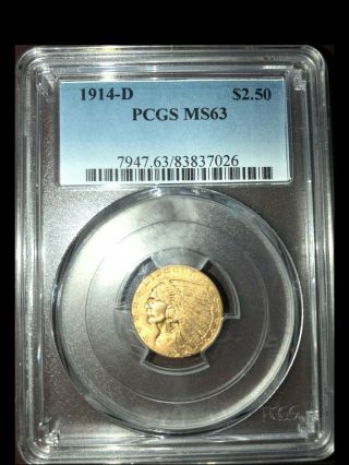 1914 D $2.  50 Indian Head Gold PCGS MS63 Better Date Coin Guaranteed 3