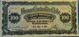 Chile 100 Pesos 14 Mayo 1928 Xf, .  Clear Watermark.  Thick Paper Type