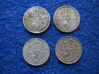 Great Britain Silver 3 Pence - 1914 - 16 - 17 - 18 - 4 Coins - U S