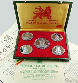 Ethiopia Haile Selassie Silver Proof Set 1972 The Five Sovereigns - W/papers