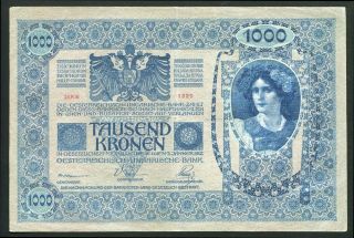 y844 AUSTRIA HUNGARY 1000 KRONEN 1902 P 8 BANKNOTE WITHOUT OVERPRINT VF 2