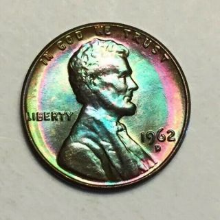 1962 D Bu Lincoln Cent Monster Rainbow Toned